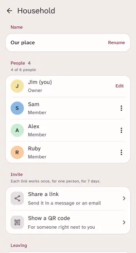 Settings, Household: Jim, Sam, Alex and Ruby with their colours, and ways to invite